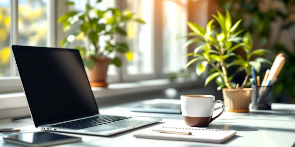 workspace with laptop, coffee, notepad, and plant