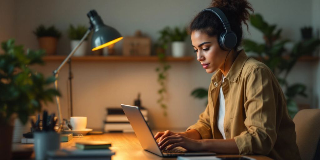 Freelancer working at a cozy desk with a laptop.