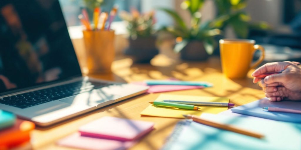 Vibrant workspace with laptop, stationery, and coffee cup.